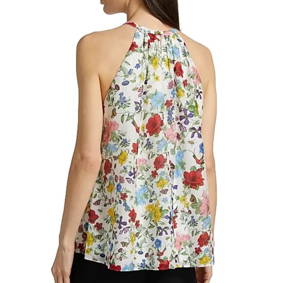 Alice + Olivia 'Erna' Cotton-Silk Bird/Floral Print Sleeveless Halter Top, Multi - Picture 4 of 5